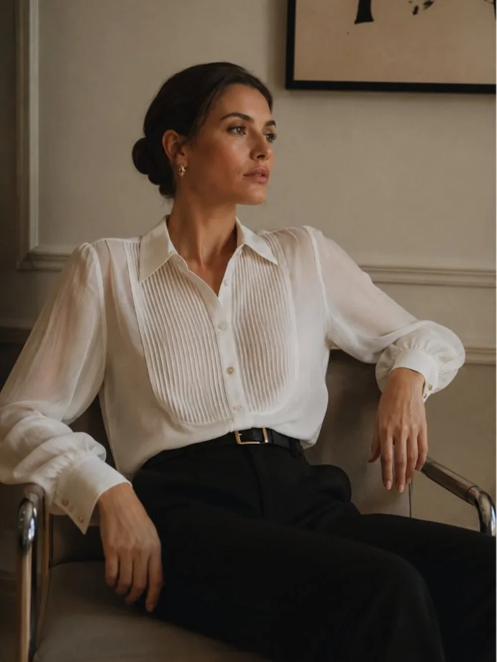 CAMI Sheer Silk Button Up Tuxedo Shirt White Size 8 Style 63783 NWT